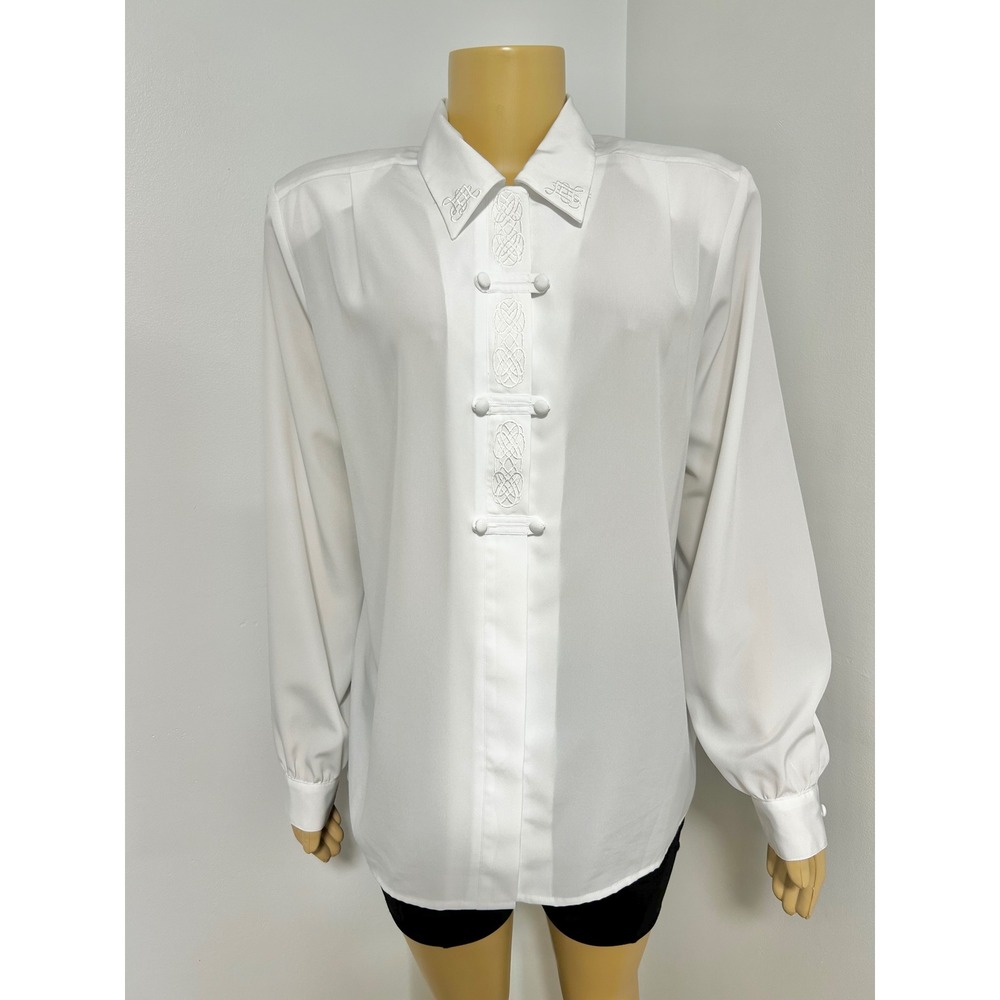 Laura Scott White Embroidered ASIAN Frog Closure Blouse Vintage Style Size 14